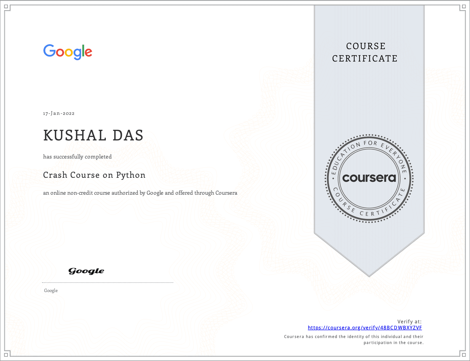 Crash Course on Python  (Coursera) [2022]